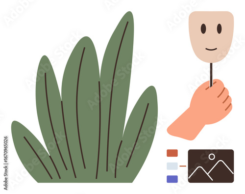 Hand holding smiling mask emphasizing concealed emotions, abstract bush suggesting growth and nature, alongside swatches and a painting suggesting creativity. Ideal for personal growth, identity