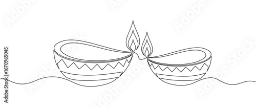 Diya diwali line art style on white background	