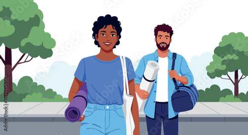 Young man and woman carrying yoga mats and gym bags walking outdoors in casual clothing vector illustration