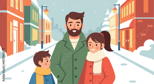 Family walking winter street with snow and warm clothing vector illustration