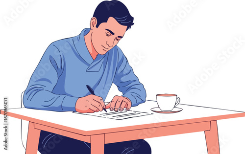 Man writing on paper at wooden table with cup of coffee in casual blue shirt vector illustration