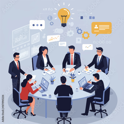 A smiling businessman in a suit introduces a community of people, symbolizing teamwork and networking in a flat vector illustration.