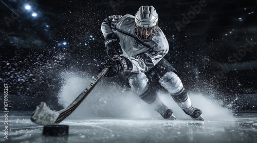 A hyper-realistic cinematic photograph of an ice hockey player taking a slapshot. The player is in a powerful, dynamic pose, with the stick bent and the puck about to be hit. The sharp lights 