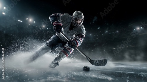 A hyper-realistic cinematic photograph of an ice hockey player taking a slapshot. The player is in a powerful, dynamic pose, with the stick bent and the puck about to be hit. The sharp lights 