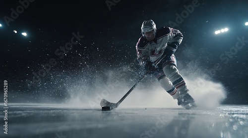 A hyper-realistic cinematic photograph of an ice hockey player taking a slapshot. The player is in a powerful, dynamic pose, with the stick bent and the puck about to be hit. The sharp lights 
