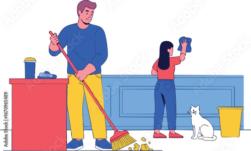 Family cleaning together in modern home with man sweeping and child wiping surfaces vector illustration