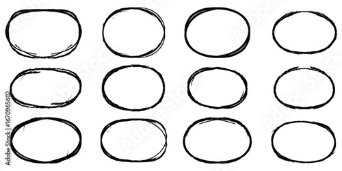 Hand drawn crayon ovals and circles. Ellipses pencil doodle style set. Red round rough thin frames. Round freehand shapes, emphasis highlights. Vector elements for hand drawn diagrams. Hand drawn oval