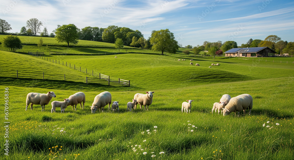Fototapeta premium Sheep Farming in Green Pasture with Sustainable Livestock Practices
