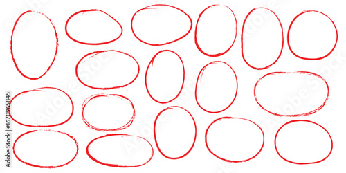 Hand drawn crayon ovals and circles. Ellipses pencil doodle style set. Red round rough thin frames. Round freehand shapes, emphasis highlights. Vector elements for hand drawn diagrams. Hand drawn oval