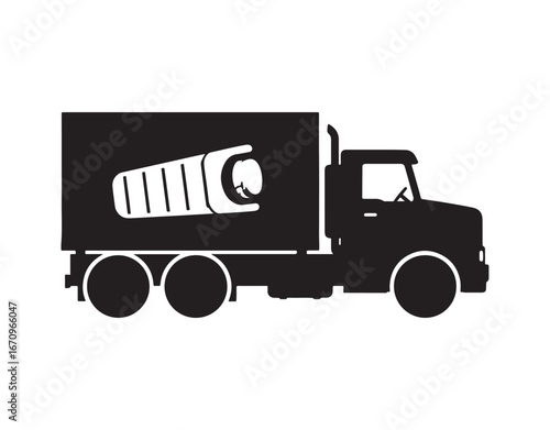 Large truck tractor featuring a sleeping bag icon. Black silhouette. Side perspective. Simple vector graphic illustration. Object isolated on a white background. Isolate

