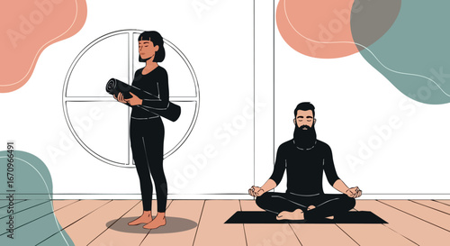 Yoga practice meditation and mindfulness exercise vector with man and woman in minimalistic style for wellness and relaxation