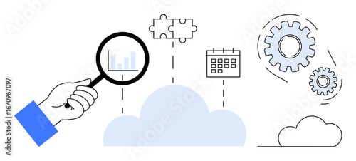 Wallpaper Mural Magnifying glass focuses on data chart connected to cloud, puzzle piece, calendar, and gears. Ideal for technology, cloud computing, data analysis, planning, collaboration workflow and innovation Torontodigital.ca