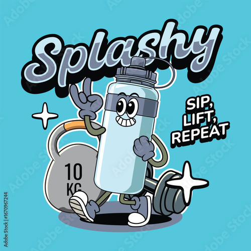 Cute cartoon blue sport bottle character walking cheerfully with gloves, sneakers, and a happy face illustration