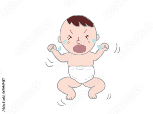 Illustration of a crying, round-faced baby in a diaper
