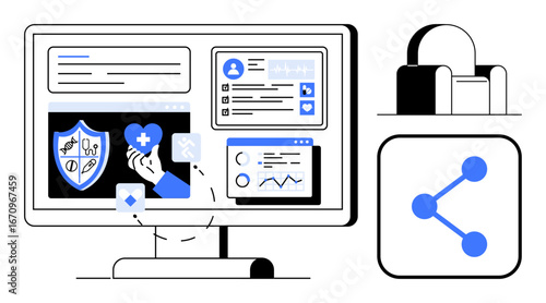 Computer screen displaying health reports, analytics, profile, and a data-sharing icon alongside a security lock. Ideal for health tech, data analysis, cybersecurity, user interface, remote work