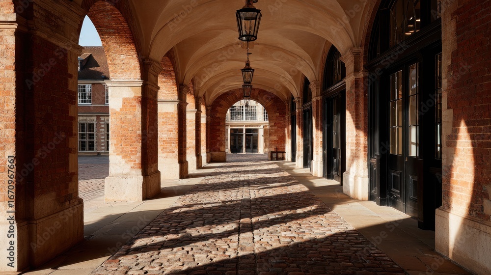 Obraz premium Sunlight arches cobblestone walkway