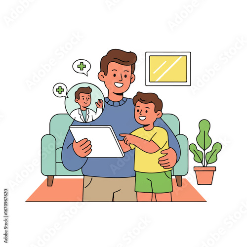 Caring father and son video conferencing doctor for virtual medical consultation at home