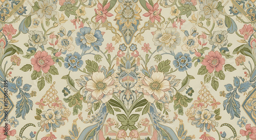 Symmetrical vintage floral damask pattern with pastel pink and blue flowers.