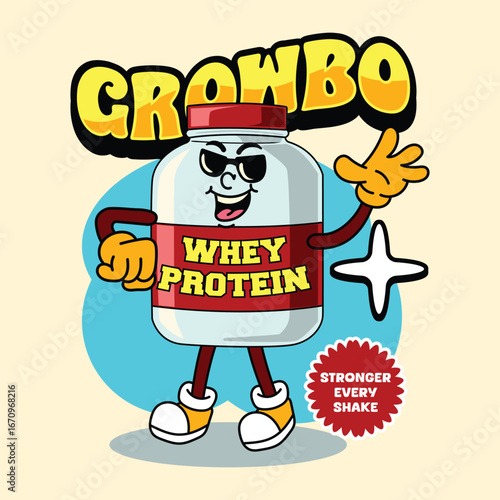 Cute Whey protein character smiling, posing confidently with gloves and sneakers