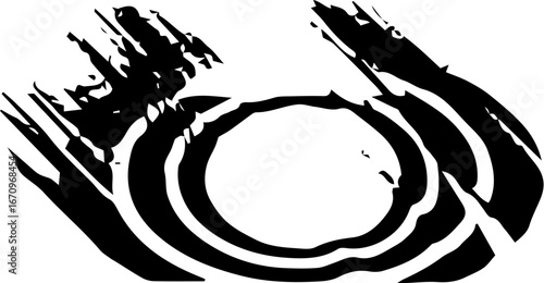 Black grunge abstract illustration silhouette with paint splatter effect isolated on white background. 