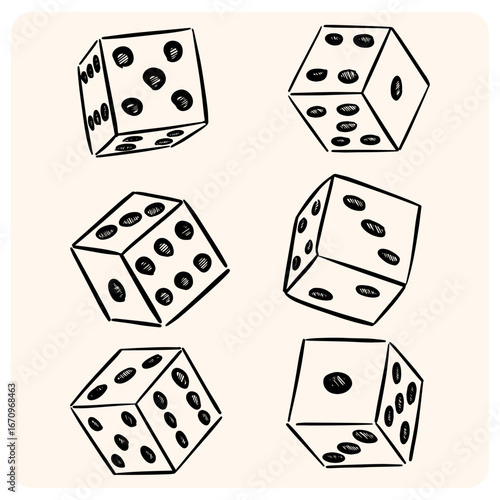 Hand-Drawn Black and White Dice Doodles Collection