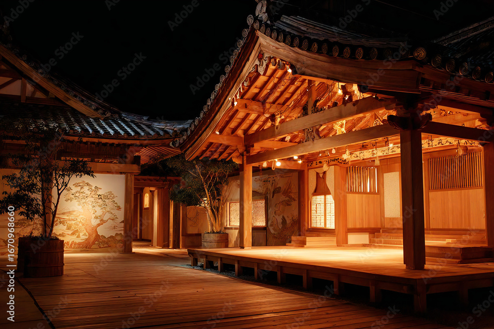 Fototapeta premium 夜に照らされた伝統的な能舞台の風景