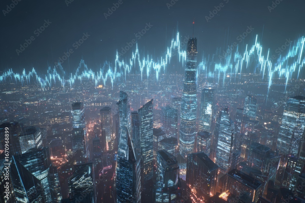 Obraz premium Futuristic financial hub with glowing holographic economy charts