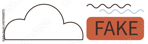Cloud shape paired with wavy lines above a red rectangle labeled FAKE. Ideal for fake content, misinformation, digital fraud, hoaxes, online scams, skepticism, simple flat metaphor