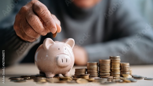 Saving money investment for future. old man hand putting money coins in a piggy bank.investment, money, annuity insurance, saving for retirement and pension fund concept.Individual retirement account.