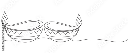 Diya diwali line art style on white background	