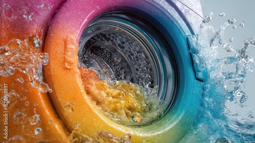 Colorful washing machine in action, water splashing