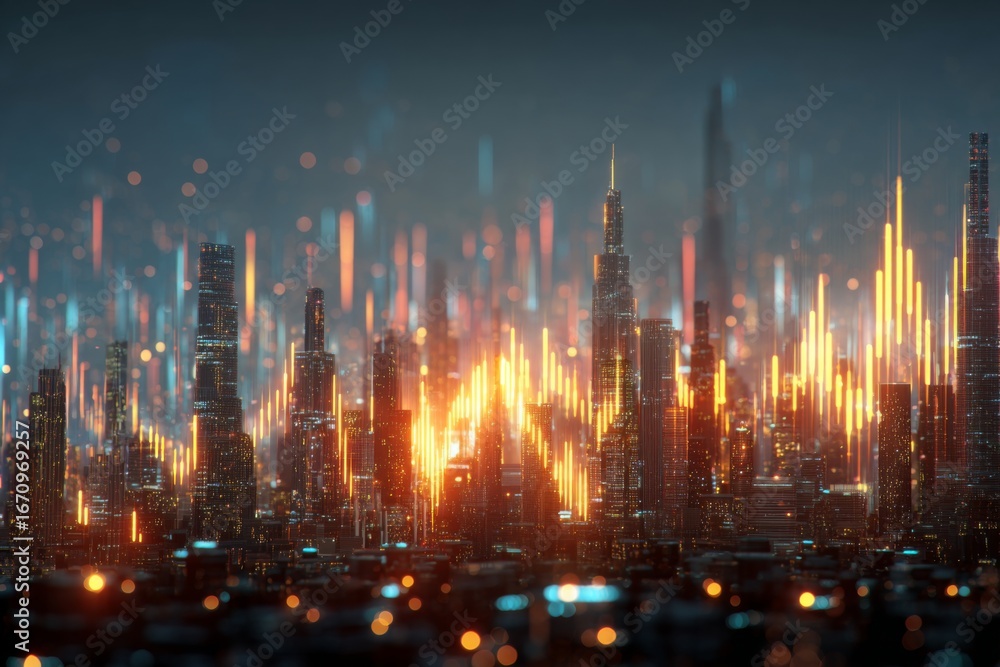 Fototapeta premium Futuristic financial hub with glowing holographic economy charts