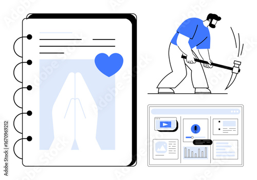 Notebook with prayer hands and heart, worker with pickaxe, and digital analytics dashboard. Ideal for spirituality, digital tools, productivity, analytics, hard work, self-improvement simple flat