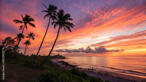 Fototapeta Naklejka Na Ścianę i Meble -  Palm trees silhouetted against a vibrant sunset sky above a tropical beach scene