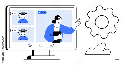 Instructor presenting lessons on-screen to two online students with graduation caps. Settings gear and cloud icons. Ideal for online education, e-learning, virtual classes, webinars, distance