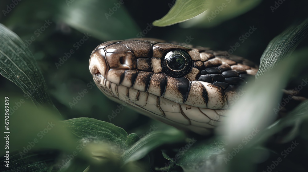 Fototapeta premium A detailed close-up captures the textured scales and intense gaze of a snake partially concealed within lush, vibrant green foliage, evoking a sense of wild beauty and natural power.
