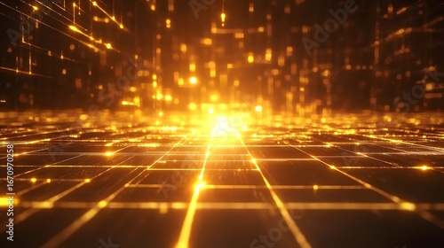 Golden grid network extending into a futuristic perspective.