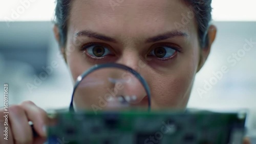Electronics engineer inspecting circuit board with magnifying glass closeup view