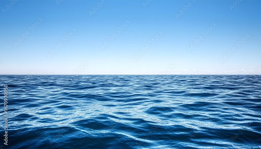 Obraz premium The illustration shows a wide expanse of deep blue ocean water with small waves, set against a clear, bright blue sky with a few wispy clouds on the horizon.