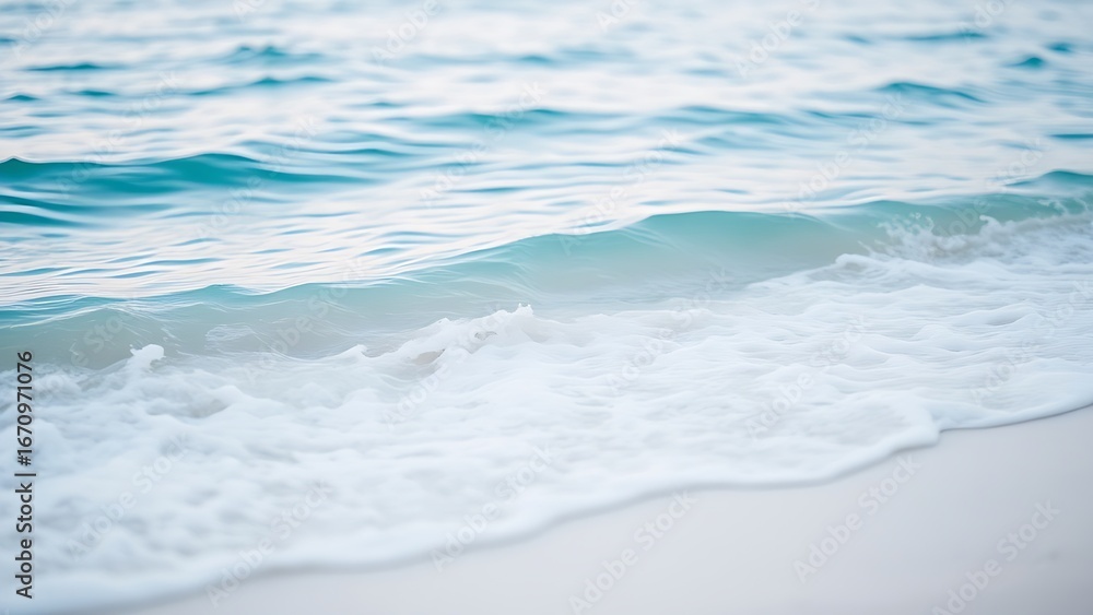 Fototapeta premium Calm blue ocean waves gently rolling onto a white sandy beach, evoking tropical serenity.