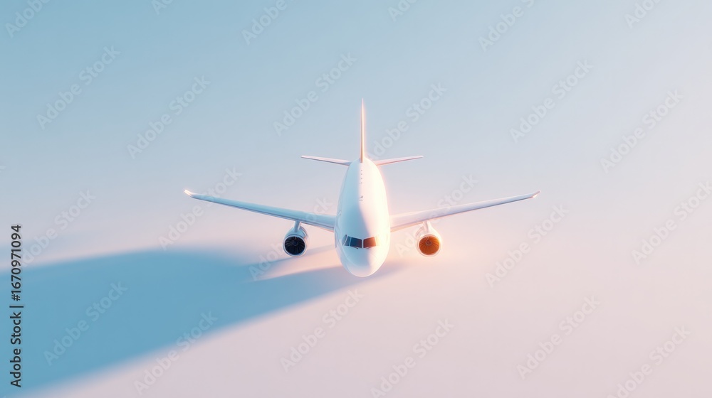 Obraz premium Sleek airplane soaring through pastel skies, casting soft shadow