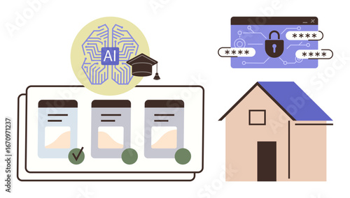Neural network with AI label and graduate cap, browser with password lock, task checklist, house. Ideal for AI, technology, cybersecurity, education organization home automation. Simple flat