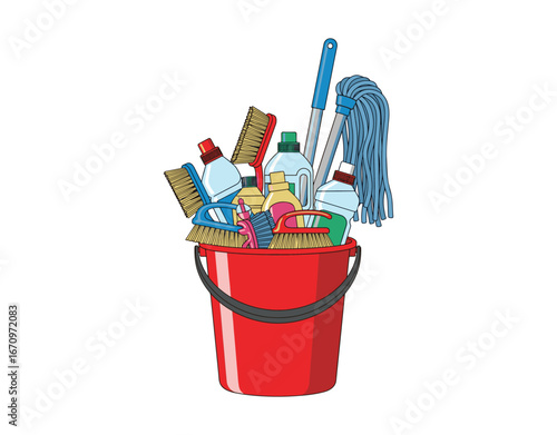 A bucket filled with brushes, a mop, and bottles for cleaning up. Cleaning tools set against a white background. Washing concept illustrated in a vector flat style.