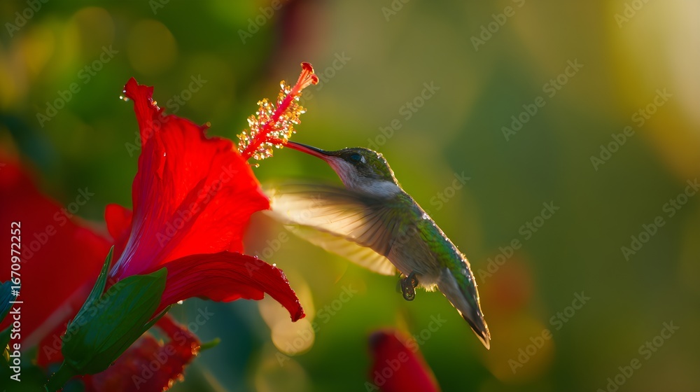 Obraz premium Colibrí y Hibisco: Un Momento de Dulzura al Sol