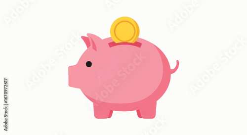 Cute pink piggy bank with a golden coin being deposited, symbolizing saving and financial growth