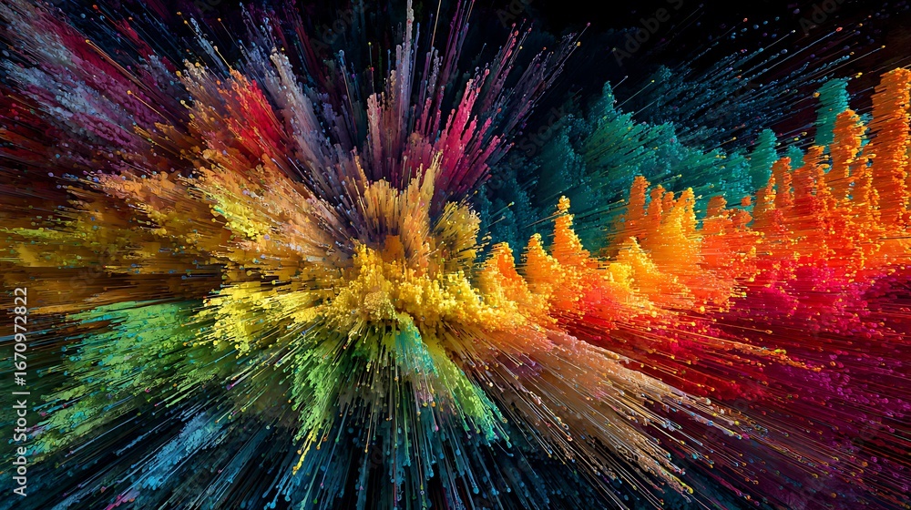 Fototapeta premium A surreal explosion of vibrant colors representing sound frequencies, abstract visualization of music notes transforming into dynamic light waves, psychedelic and harmonic, synesthesia-inspired, 