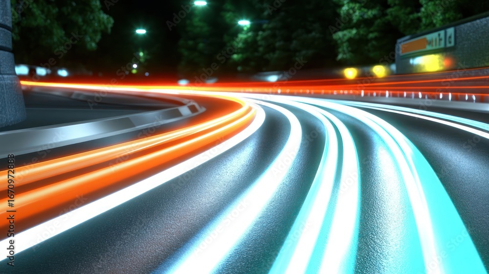 Fototapeta premium A dynamic night scene showcasing light trails from moving vehicles on a curved road.