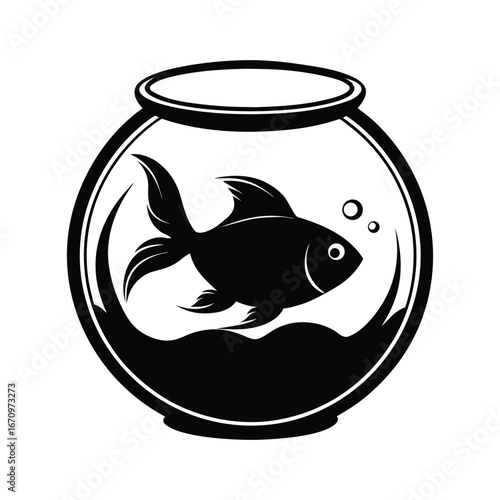 Black silhouette of a goldfish swimming in a round fishbowl with bubbles