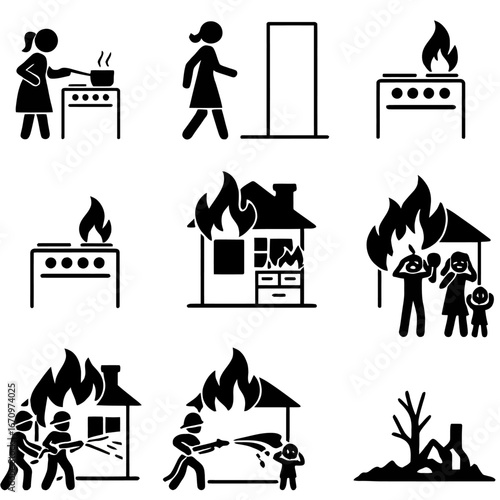 Kitchen Fire and Fire Safety Silhouettes