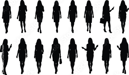 Businesswoman silhouette, confident walking female, professional woman vector, office lady with phone, elegant career woman icon, stylish female worker, modern business pose illustration